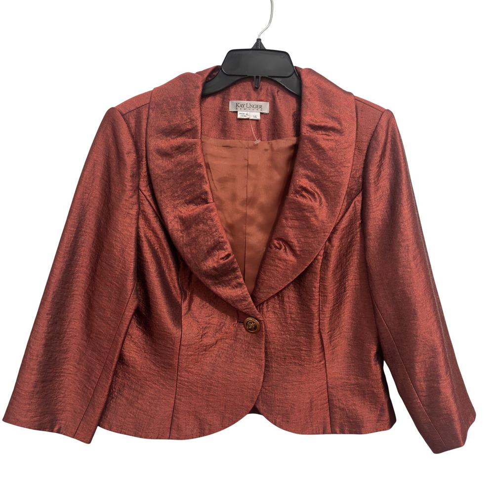 Kay Unger New York Blazer Copper Metallic Shimmer Shawl Collar Evening Size 14